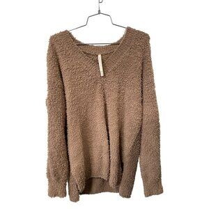 The Group Babaton Soft Plush Sweater Size XS Teddy V Neck Long Sleeve Cozy Tan